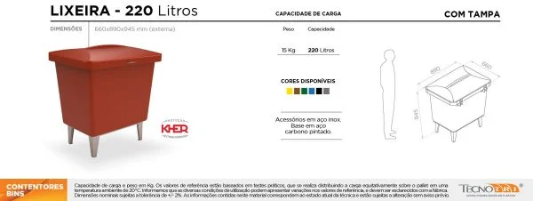 Lixeira com Tampa 220 Litros Tecnotri - Ficha Técnica